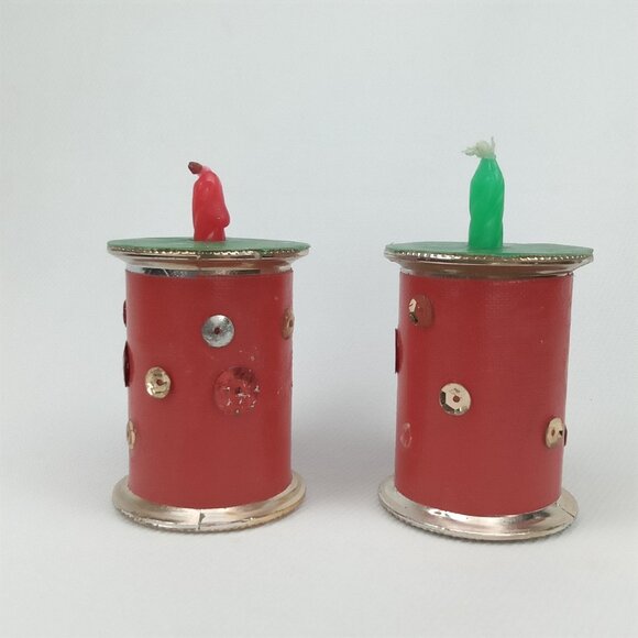 Vintage Christmas Candle Holders Set Of 2 Made From Thread Spools 1970s - Picture 4 of 9